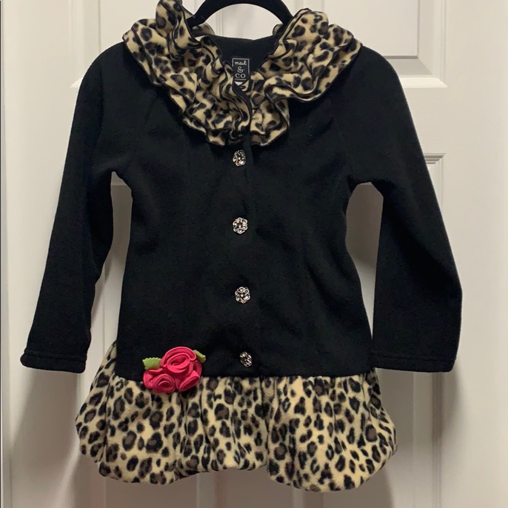 Girls' Black Jacket with Leopard Trim and Rose Accent